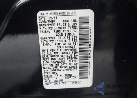 2015 Nissan Rogue Select S z USA, uszkodzony, nr VIN JN8AS5MT3FW150176